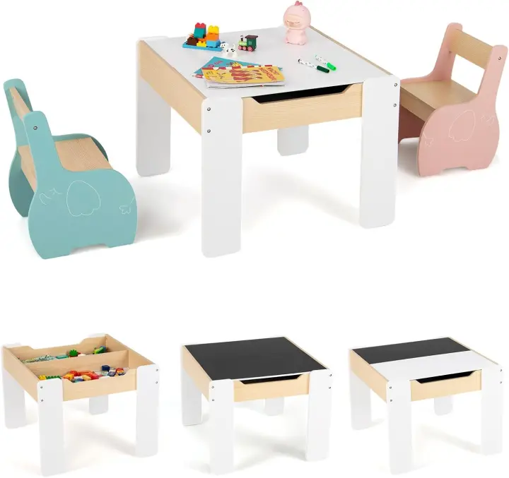 Juego de mesa y silla infantil 4 en 1, mesa infantil de madera con 2 sillas, manualidades, dibujo, lectura, mesa infantil con almacenamiento, pizarra desmontable para guardería (verde) - 1