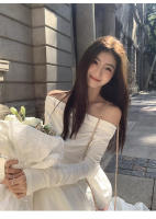 Nuevo vestido blanco de manga alta con un hombro para mujer en otoño, con cintura ceñida y falda larga - details 3