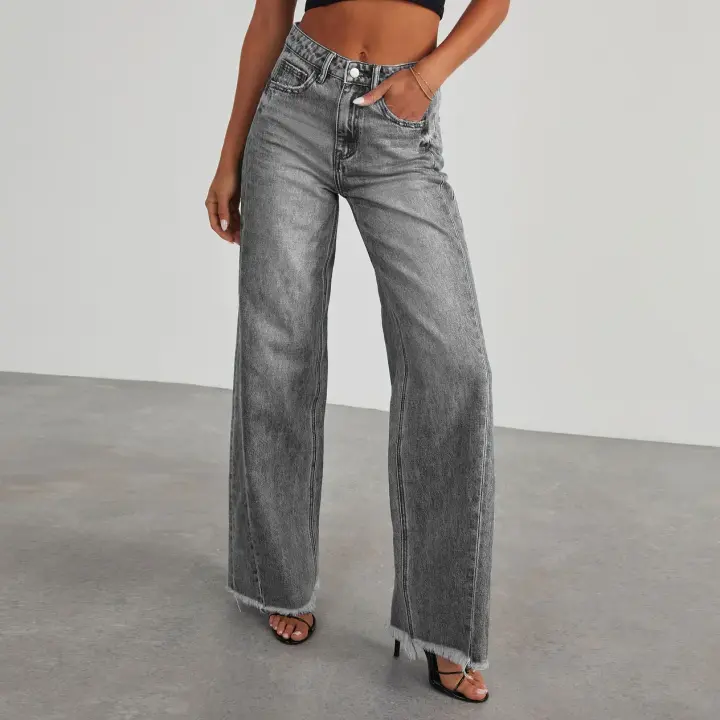 Primavera y novedad de verano, ropa para mujer, pantalones vaqueros desgastados con costura de pierna ancha holgados de color sólido - 1