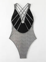 Shiny Silver Deep V Neck Halter One Piece Swimsuit 2024 Swimwear for Women Sexy Bathing Suit High Waist Monokini - details 4