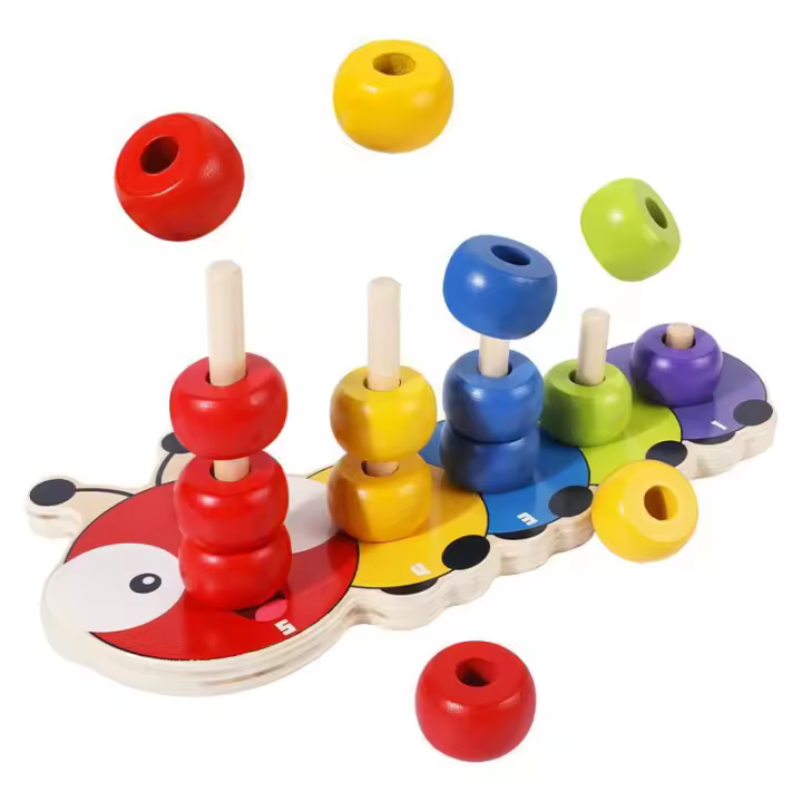Anillos de apilamiento de madera para bebé, precioso juego de conteo de oruga, apilador de anillos de 5 clavijas, anillos de conteo, juguetes de madera para Aprendizaje Temprano - 1