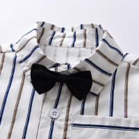 Camisa de algodón de manga corta con cuello a rayas y pajarita para niños, pantalones cortos con tirantes, conjunto de dos piezas de estilo británico, verano 2023 - details 8
