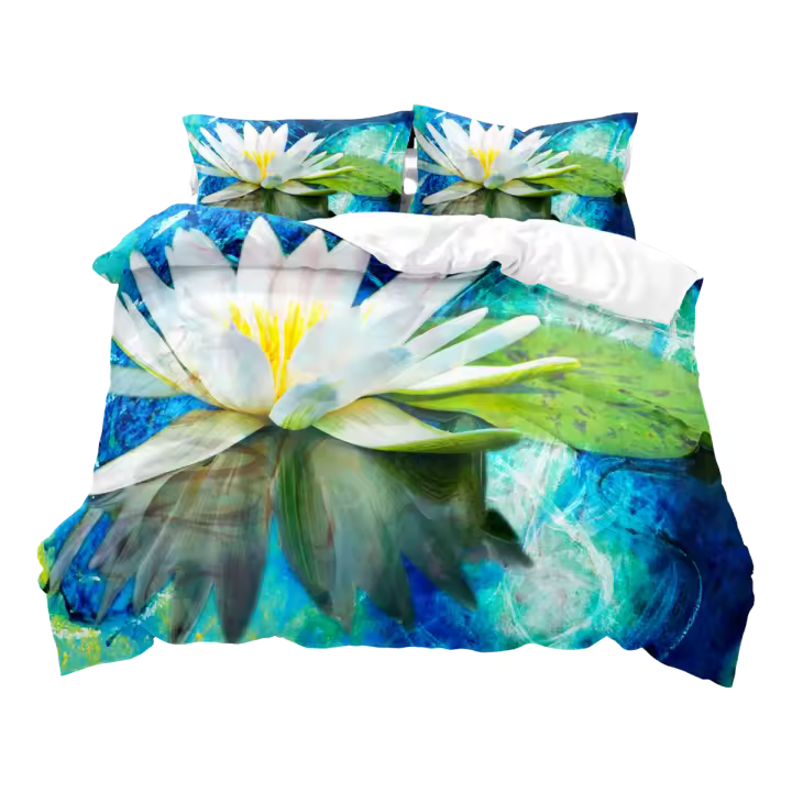 Juego de funda nórdica de flor de loto, funda de edredón de poliéster con patrón de hoja de loto, tamaño King, juego de cama para niños y adolescentes con funda de almohada - 1