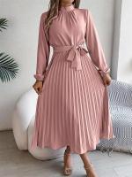 Vestido plisado elegante con cuello levantado y manga larga y cintura cerrada para mujer, vestido largo de Otoño Invierno - details 40