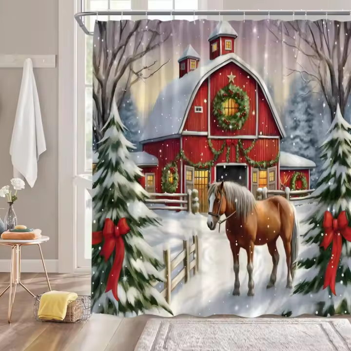 Cortina de ducha camión rojo Navidad invierno elfo paisaje nevado granero rojo granja decoración de baño Navidad paisaje natural cortina de bañera - 1