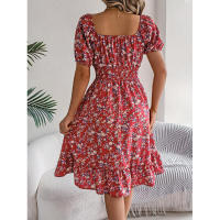 Primavera Verano 2025 Europeo y Americano Floral Cuello Cuadrado Manga Corta Cintura con Volantes Falda Línea A - details 14
