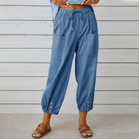 Pantalón holgado de lino y algodón con botones para mujer, pantalón ancho con nueve puntos, cintura alta, novedad - details 6