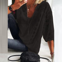 Blusa de Lino y Algodón para Mujer Cuello en V, Manga 3/4, Blusa Holgada Informal, Moda Diaria - details 19