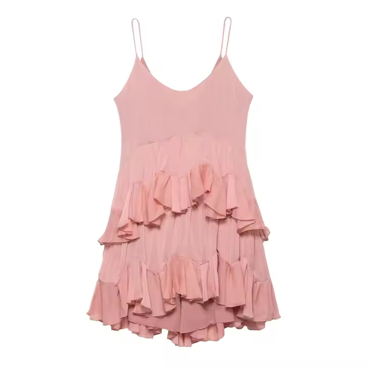 PB & ZA2025 estilo de vacaciones en la playa, vestido suelto decorativo en capas con espalda descubierta, Falda corta, novedad de verano, ropa de mujer - 1