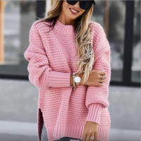 Autumn winter women knitted sweater loose warm elegant solid batwing sleeve side split pullovers - details 8