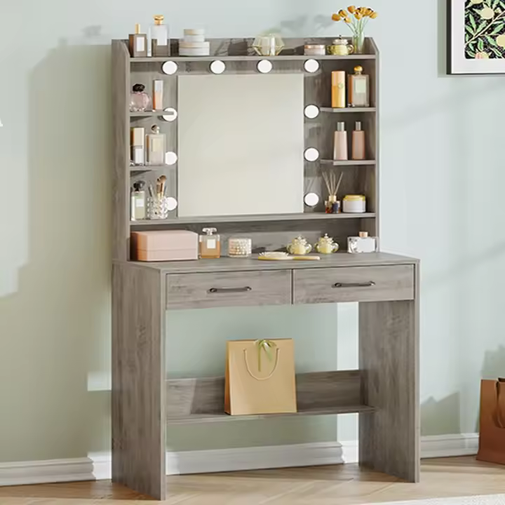 Tocador de Maquillaje Moderno con Espejo y Luz LED Estación de Maquillaje Abierta con 2 Cajones, para Dormitorio o Salón - 1