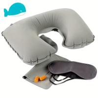 3 piezas de juego de almohada de viaje inflable en forma de U - Soporte de cuello de silicona con reposacabezas, tapones para los oídos y máscara para los ojos - Portátil, lavable, opciones multicolores - details 1