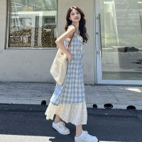 Vestido largo holgado Retro de verano para mujer, vestido con tirantes de dos piezas falso a cuadros para mujer - details 1