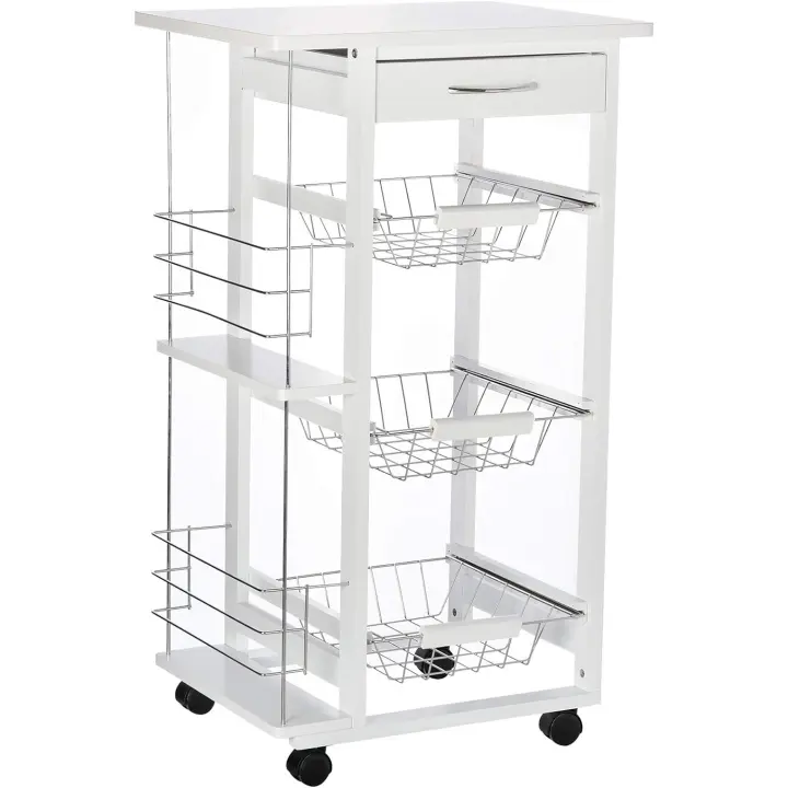 Carro de Cocina de Servicio con Ruedas 3 Cestas de Metal y 2 Botellas Madera de Pino Contemporánea - 1
