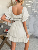 2025 primavera y verano estilo de vacaciones de ocio europeo y americano color sólido borde de hongo vestido de manga corta falda corta para mujer - details 25