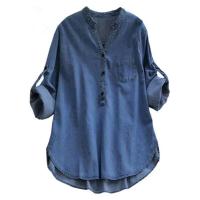 Blusa de cuello alto Blend, botones, cuello en V, camisa holgada, tops, ropa de calle para mujer - details 5