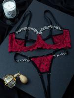 Conjunto de lencería de encaje floral erótico, sujetador abierto transparente y tanga con cadena, lencería sexy y ropa interior - details 21