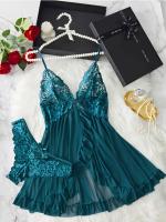 Conjunto de camisón de poliéster elástico de color sólido maduro 100g/m² Micro-Estiramiento, espalda en V profunda sin mangas con cinta y falda asimétrica, con encaje y tanga, para mujeres - details 5