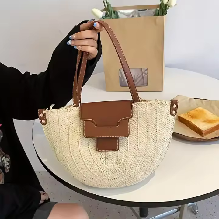 Bolso de mano de paja de ratán para mujer, bolso de mano tejido a mano para playa, de gran capacidad, para verano - 1