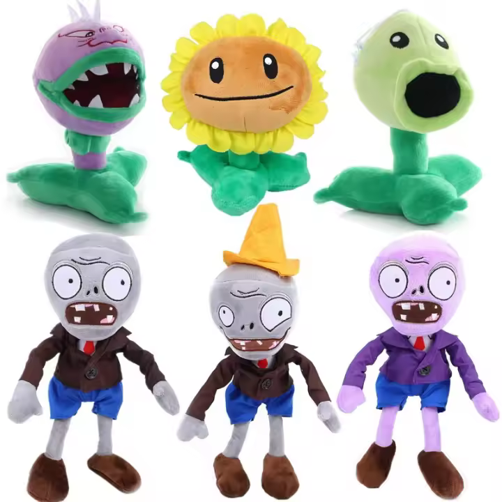 Juego de plantas y Zombies PVZ de felpa, juguete de Peashooter, Conehead Zombie, muñeco de Chomper suave de peluche, 6 piezas - 1