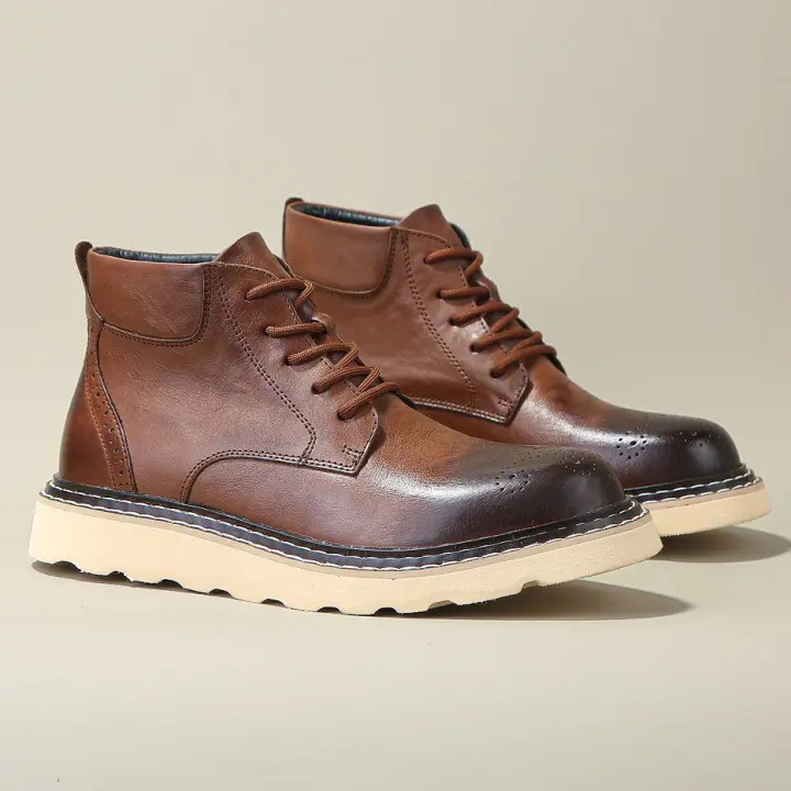 Zapatos de cuero de vaca puro de alta gama, zapatos de punta alta de piel de vaca de primera capa, botas de hombre con suela de grue. - 1