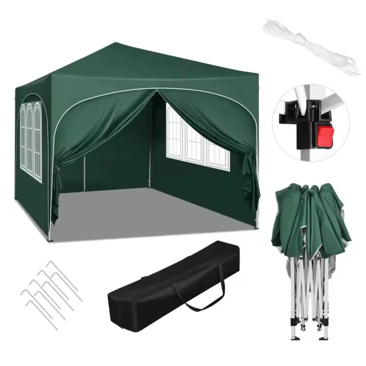 Gazebo plegable con 4 paredes laterales, carpa de fiesta ajustable en altura, color verde, 3x3m - 1