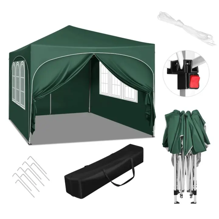 Gazebo plegable con 4 paredes laterales, carpa de fiesta ajustable en altura, color verde, 3x3m - 1