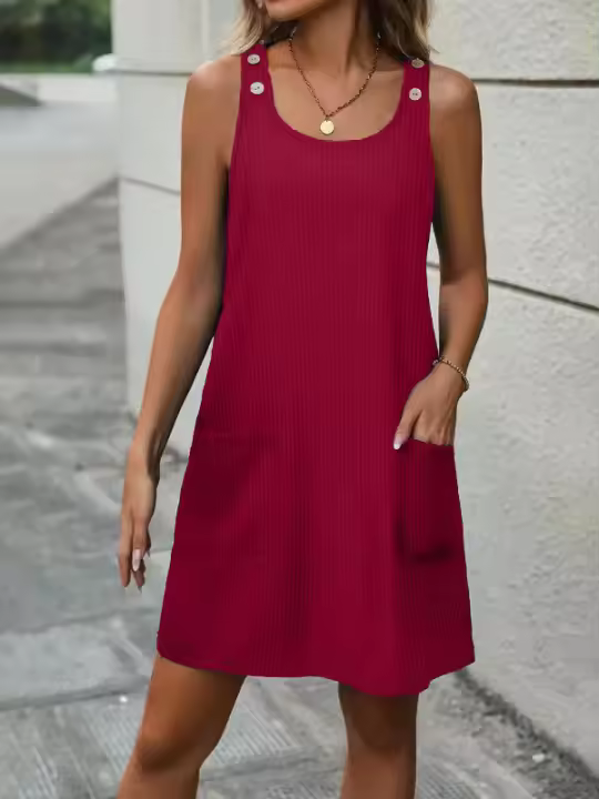 Vestido casual de verano con cuello redondo, sin mangas, textura gofre y botones decorativos. - 1