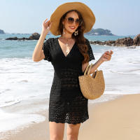 Mini vestido de playa de ganchillo con cuello en V, cubierta de punto de manga corta para mujer, túnica ligera de verano para traje de baño - details 6