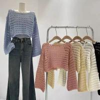 Camiseta Vintage ahuecada, suéter de punto informal, camiseta holgada Y2K, suéter fino con cuello redondo, jerséis de otoño, ropa de calle de moda - details 10