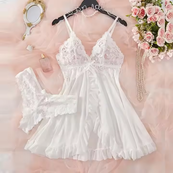 Pijama de malla sin espalda con cuello en V profundo para mujer, lencería roja Sexy, camisón transparente para dormir - 1