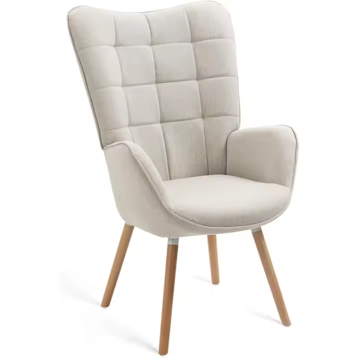 Acolchado con Reposabrazos y Patas de Madera, Tela, Beige, - 1