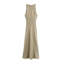 Vestido largo plisado sin mangas para mujer, prenda de seda con textura satinada, cuello redondo, elegante y a la moda - details 9