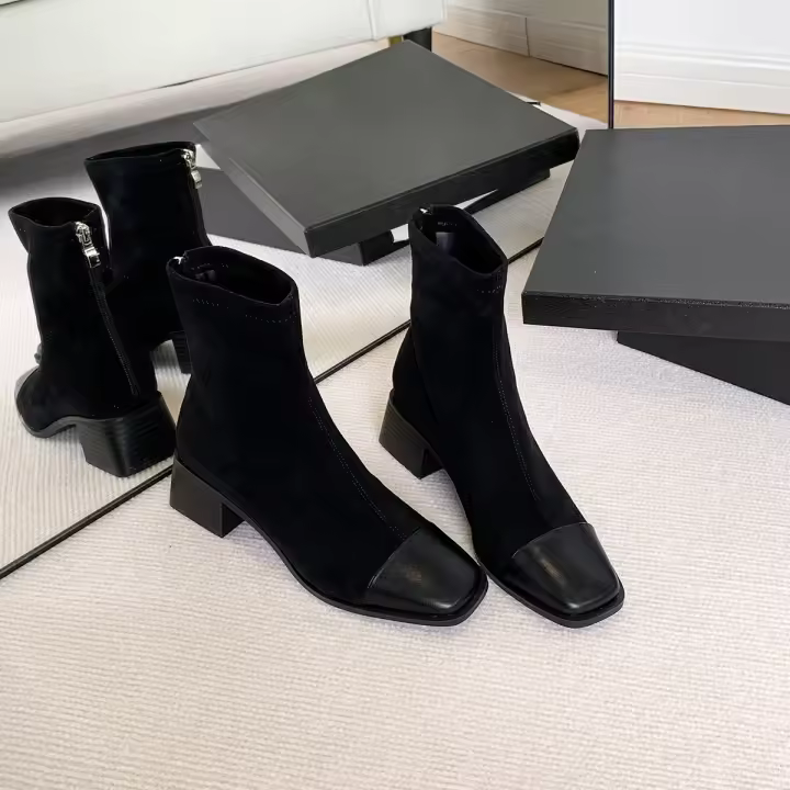 Botas cortas de tacón medio negro simple que combinan con botas de hombre de tacón grueso - 1