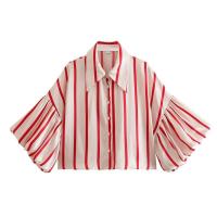 OUWU- Camisa Holgada A Rayas Con Manga De Burbuja Para Mujer, Gran Oferta De Temporada, Nuevo Estilo, Informal, Cuello Tipo Polo, Manga Corta, Top De Moda - details 5
