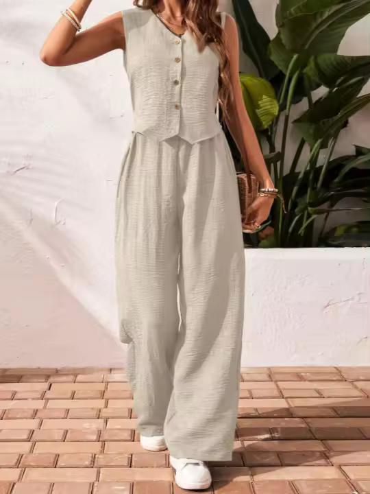 Conjunto casual de lino nuevo para mujer, chaleco con cuello en V, top sin mangas con botones frontales y pantalones largos. - 1