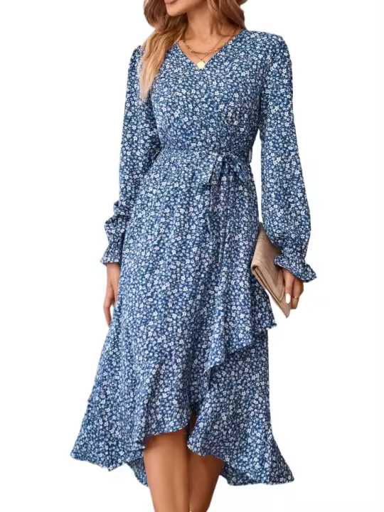 Elegante Vestido Midi de Moda Retro Cuello en V Floral Largo Mango para Mujeres - 1