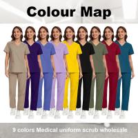 Ropa de trabajo, conjuntos de uniformes elásticos, uniforme de enfermera, uniforme médico para mujer, conjuntos de pantalones rectos de manga corta con cuello en V - details 4