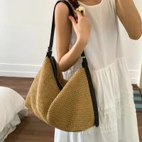 Bolso de mano tejido para mujer - Bolso de playa de verano de gran capacidad con cierre de cremallera y correa de hombro fija, bolso cruzado de tela duradera para salidas informales, compras, viajes - Negro, bolso de playa, simplicidad elegante, forro de - details 1