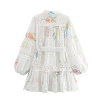OUWU- Vestido De Mujer De Manga Larga Con Cuello Peter Pan, Detalles De Encaje Con Estampado Floral Y Cinturón Para Un Look Elegante Y Moldeado - details 2