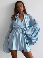 Otoño nuevo vestido fruncido con cuello en V y manga con lazo para mujer con sentido del diseño, elegante y a la moda para - details 0
