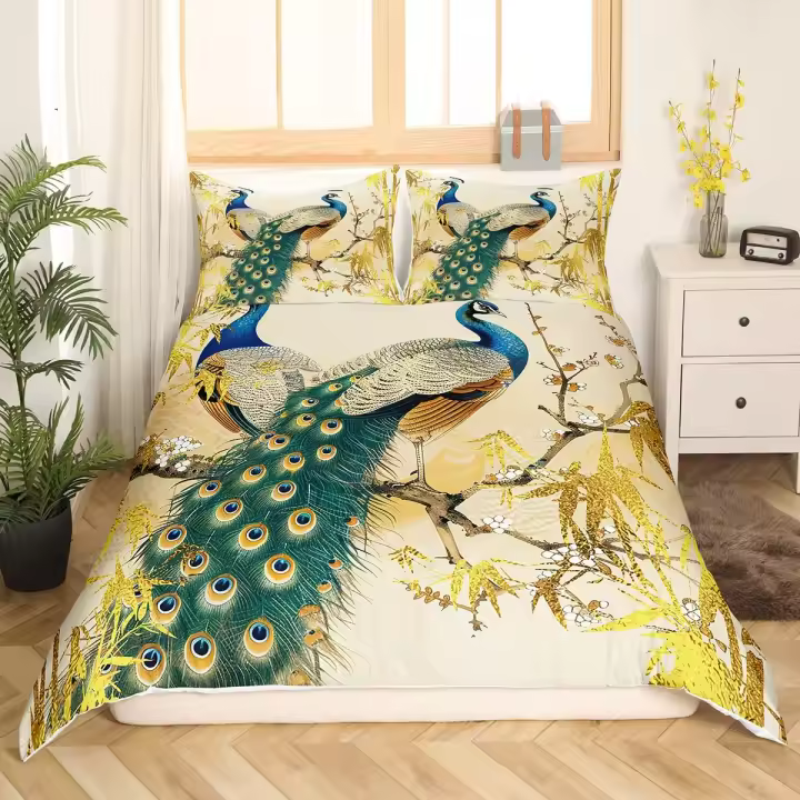 Juego de Cubierta de Edredón de Pavo Real 3PCS Poliéster Verde con Patrón de Animal Lindo - 1