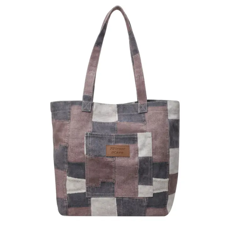 2025 nuevo bolso de hombro de mujer de gran capacidad a cuadros de mezclilla de imitación, bolso de mujer de moda de tote casual retro - 1