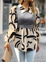 Blusa de manga larga de dos piezas para mujer, camisa de retazos de punto, Top de moda, otoño, 2024 - details 4