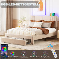 Cama de Almohada de Terciopelo 140 x 200cm, Doble con Barra Ligera y Enchufe USB, Dosel y Cajón Grande, Adecuada para Adultos y Adolescentes Sin Colchón - details 8