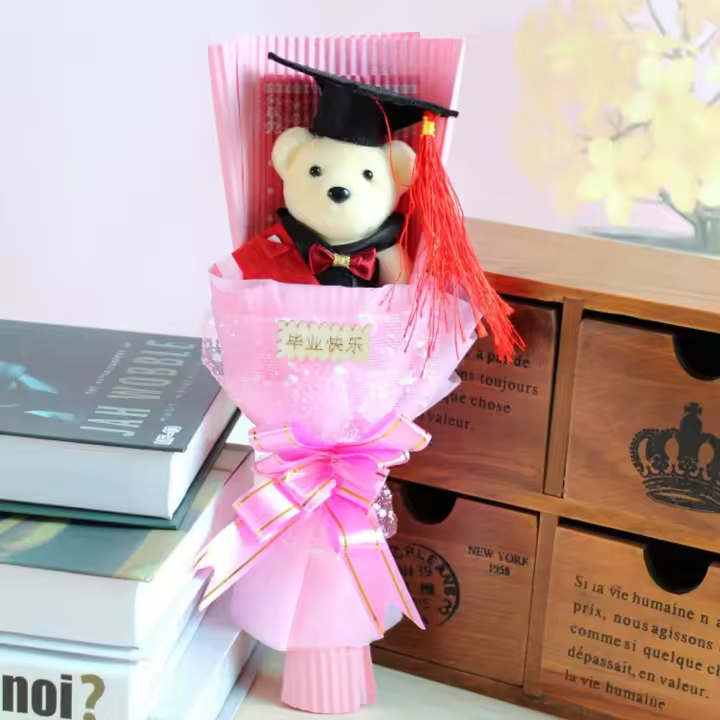 Precioso ramo de oso para graduación, impresionante oso con lazo, regalo de graduación, dibujos animados, decoración de fiesta de boda, Año Nuevo - 1