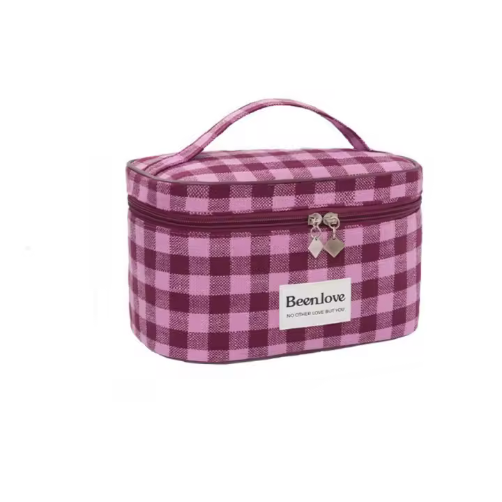 Bolsa de maquillaje a cuadros de gran capacidad, bolsa de aseo de viaje cuadrada de estilo coreano, bolsa de almacenamiento, bolsa de cosméticos de mano para mujer - 1