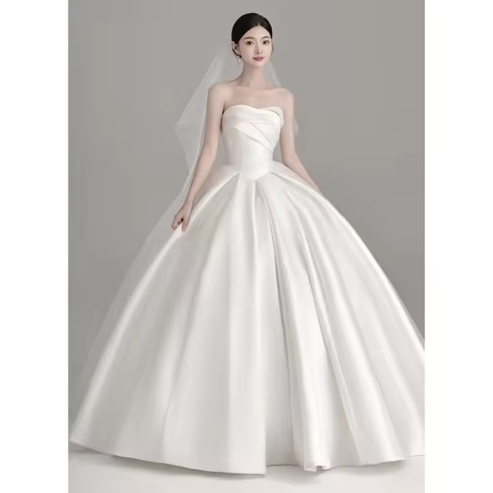 Vestido de novia ligero francés para mujer, nuevo estilo, satén, textura principal de alta calidad, cola pequeña, hilo de salida, 2025 - 1
