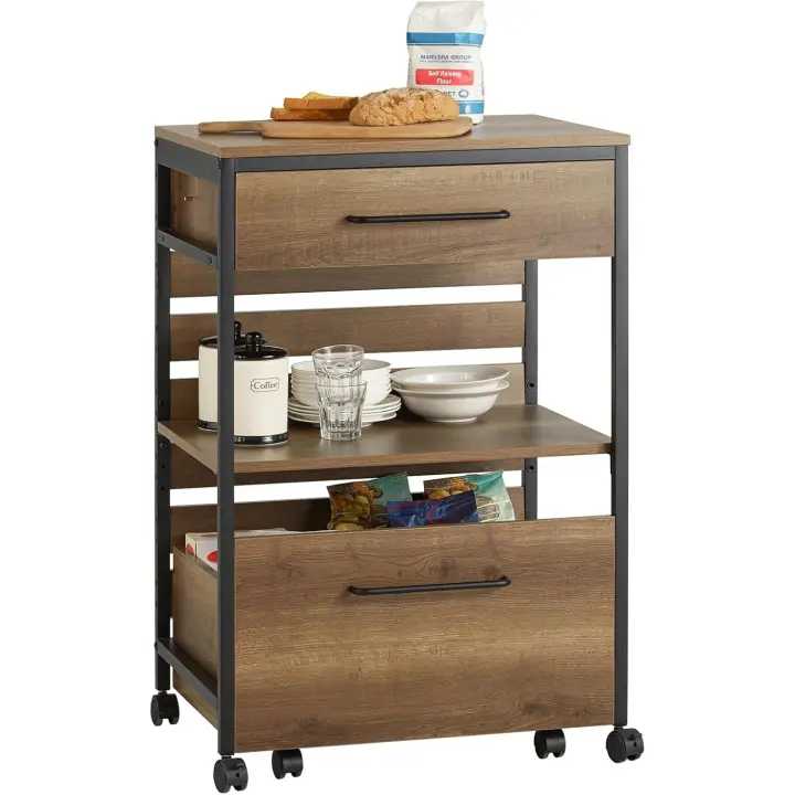 Carrito de cocina con 1 cajón móvil, carrito de servicio multiusos con 1 estante y 2 cajones 60 x 45 x 90 cm - 1