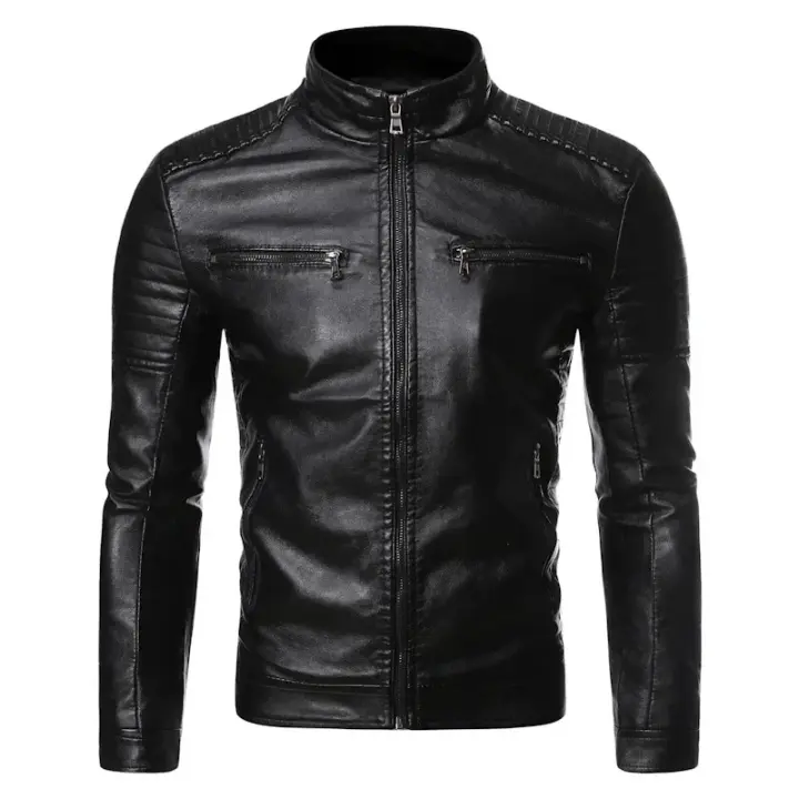Chaqueta de otoño e invierno para hombre, chaqueta de cuero de color sólido, chaqueta con cuello levantado para hombre, chaqueta ajustada con múltiples bolsillos para hombre - 1